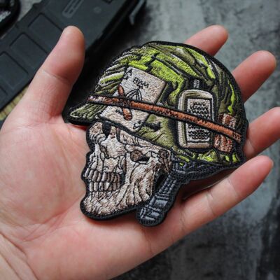 Tactical Skull Soldier Helmet Embroidered Hook & Loop Patch 9.5cm ...