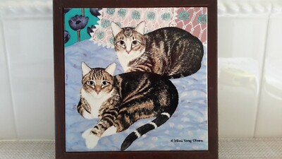 Tile Trivet Wall Hanging Cats Mimi Vang Olsen Orient Clay Framed 7  Square EUC