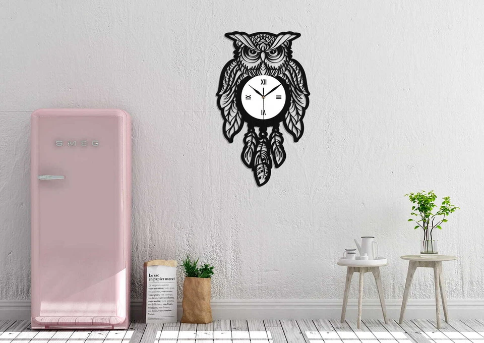 HORLOGE MURALE DÉCORATIVE, AJOURÉE, CHOUETTE, ATTRAPE-RÊVE, DESIGN BOHO - Photo 2/4