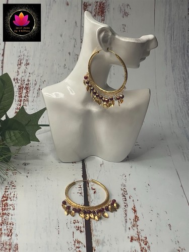 New Indian Dark Red Gold Hoops Earrings Set Bollywood - Picture 5 of 6