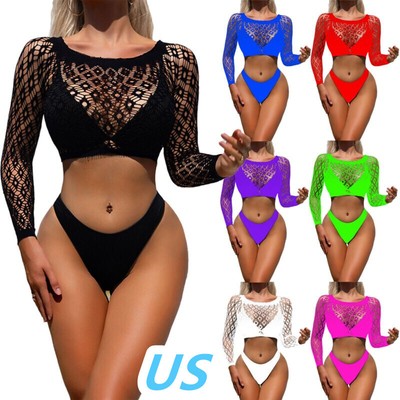 US Womens Sexy See-Through Long Sleeve Crop Top Fishnet Tops Shirts Clubwear