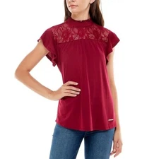 Adrienne Vittadini Womens L Beet Red Flutter Sleeve Lace Detailing Top NWT AK80