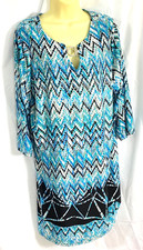 women's pretty blue bordered dress size 14W 3/4 sleeves geometric keyhole neck