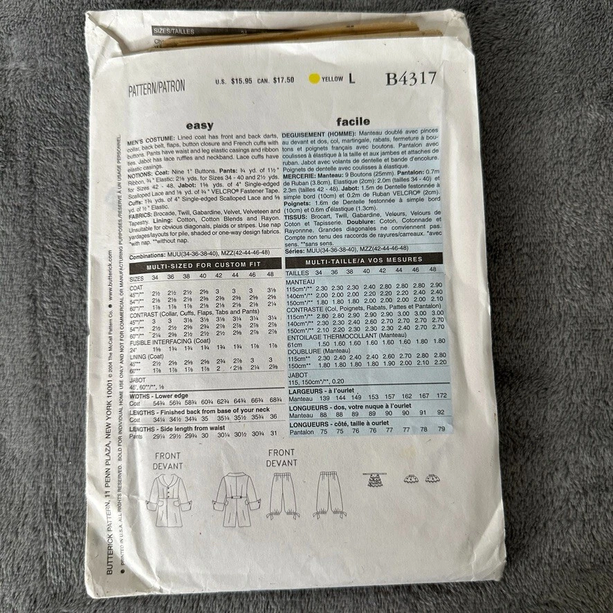 Butterick Sewing Pattern 4317 Sz 42-48 Revolution Amadeus Man Theater Costume - Image 3 of 4