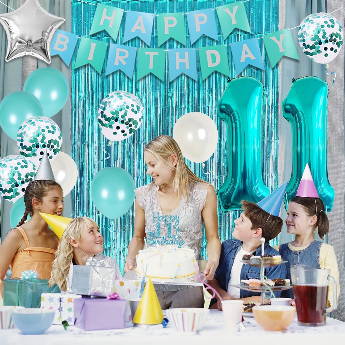 11. Geburtstag Dekoration Set In Blaugrün & Silber – Mit Hintergrund, Ballons & Zubehör Für Mädchen-Party