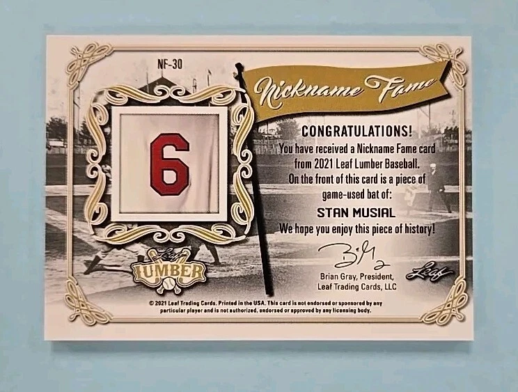 2021 Leaf Lumber Stan Musial Nickname Fame Bat Relic #NF-30 Card /12 - Image 2 of 2