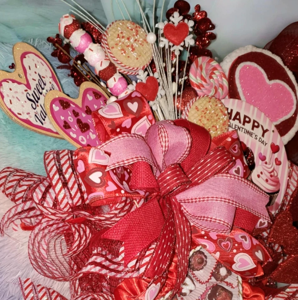 Valentines Day Pink Red Hearts Sweet Shop Chocolates Large 24" Wreath Door Decor - Image 2 of 3