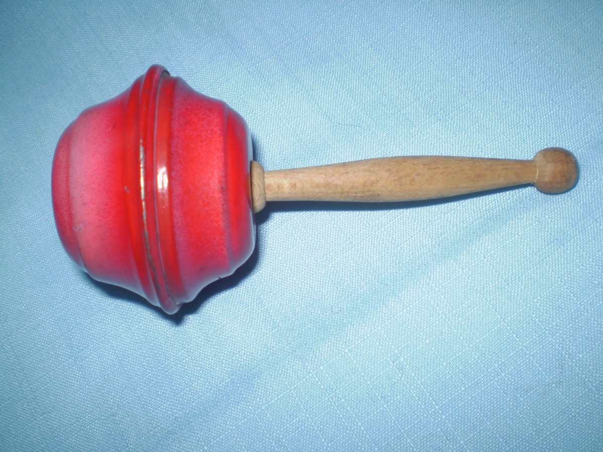 Old Metal Baby Rattle Toy Metal wood Color Red Australia
