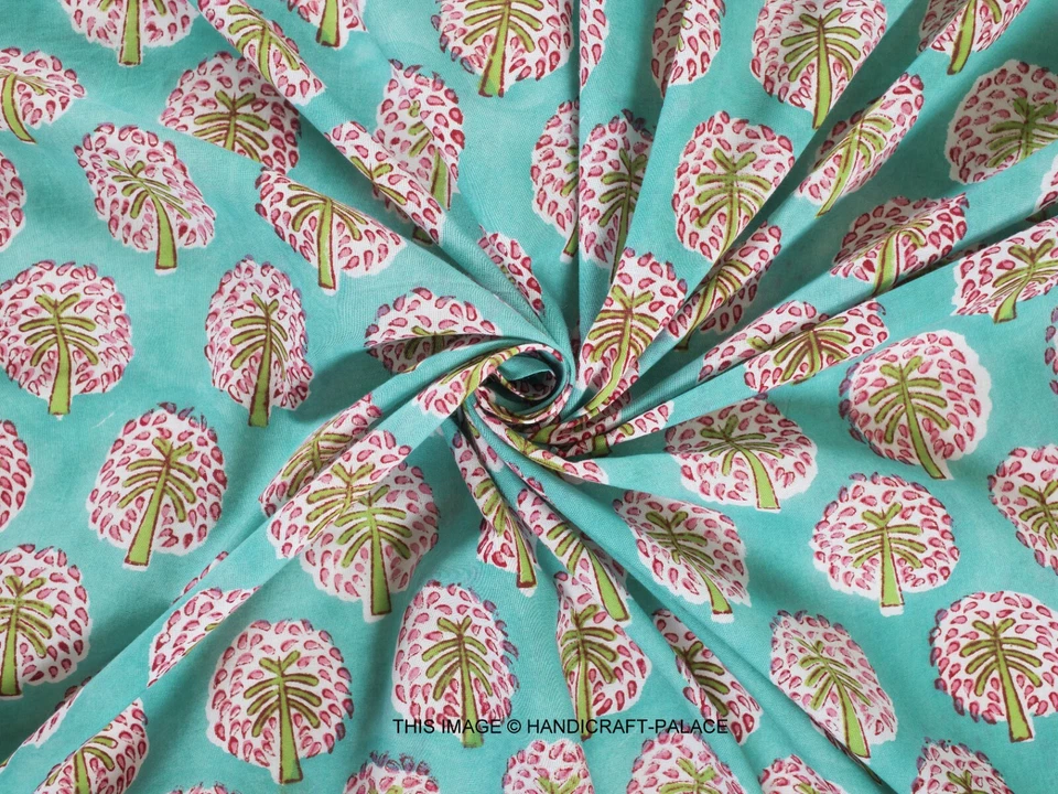 Indian Hand Block Palm Tree Print Cotton Voile Fabric by 5 Yard for Dress Making - Image 3 of 3