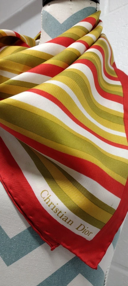 Christian Dior 1960s Striped Silk Scarf Avocado Vintage Designer Mid Century Mod - Image 2 of 4