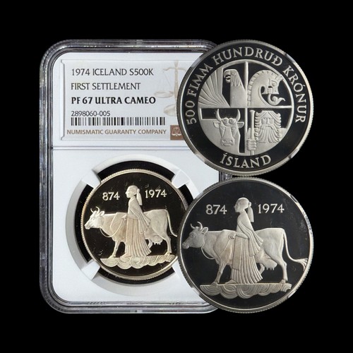 ICELAND. 1974, 500 Krónur, Silver - NGC PF67 - Landvættir Spirits, Viking Heifer