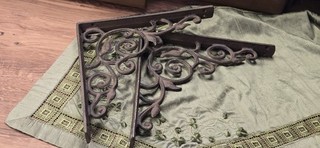 Vintage Bronze Cast Metal Shelf Brackets Scrolled Vine Motif Pair 8.5" H1114