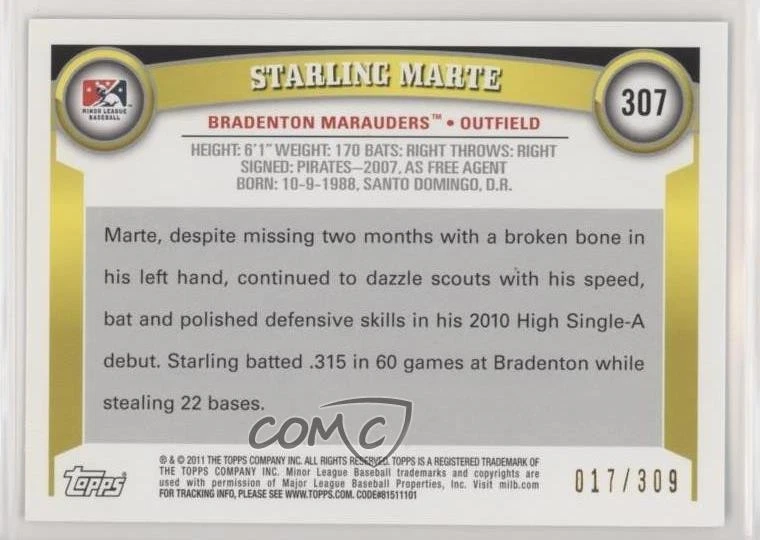 2011 Topps Pro Debut Blue /309 Starling Marte #307 - Image 2 of 2