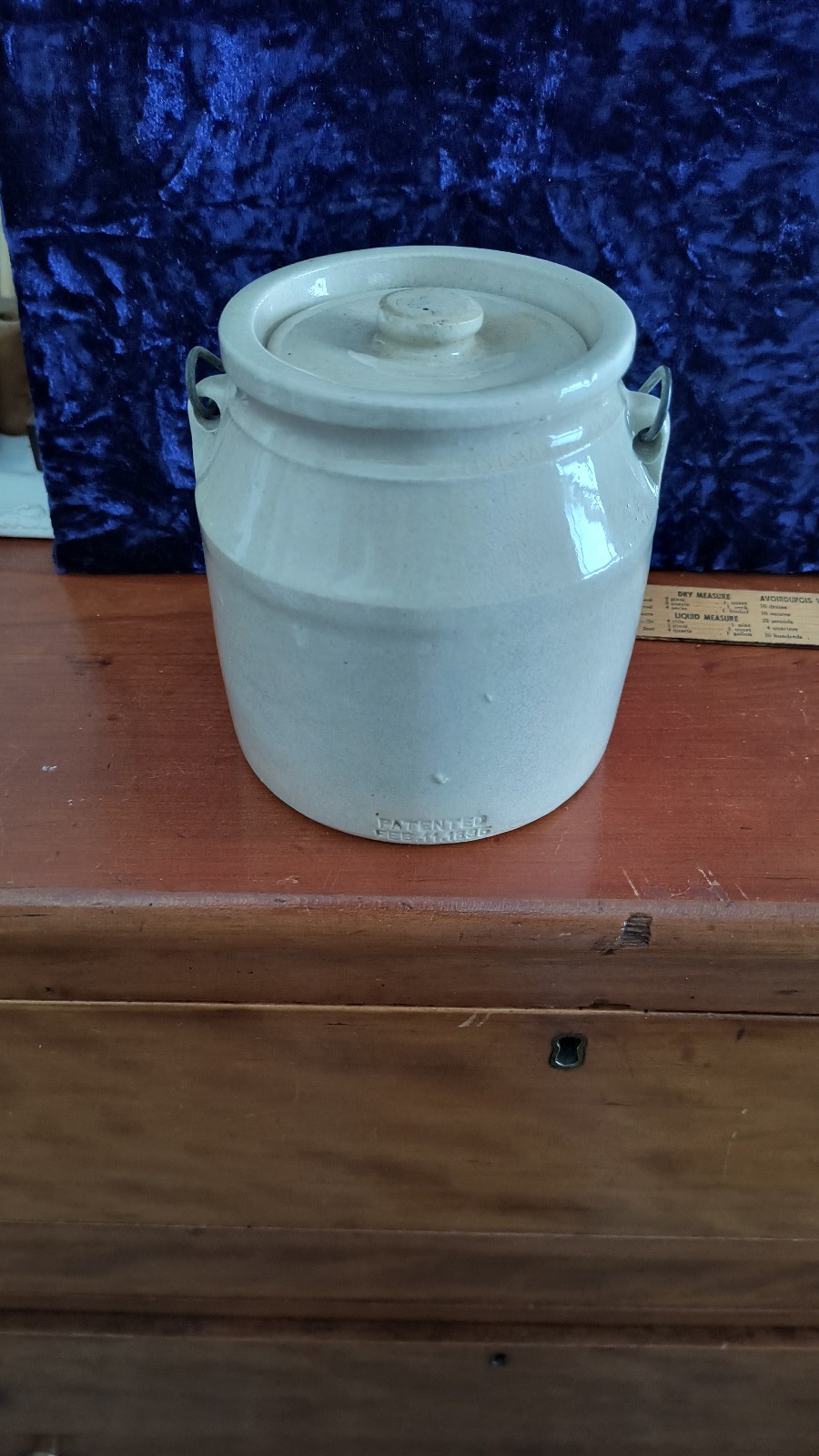 Patented 1 qt stoneware  jar/crock w/ lid and bail handle, Feb. 11, 1896 Exc !!