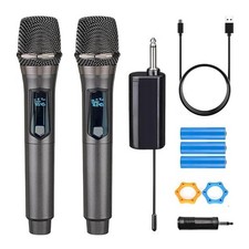 Wireless Dual Microphone Rechargeable Handheld System 200 Ft Range DJ Gray