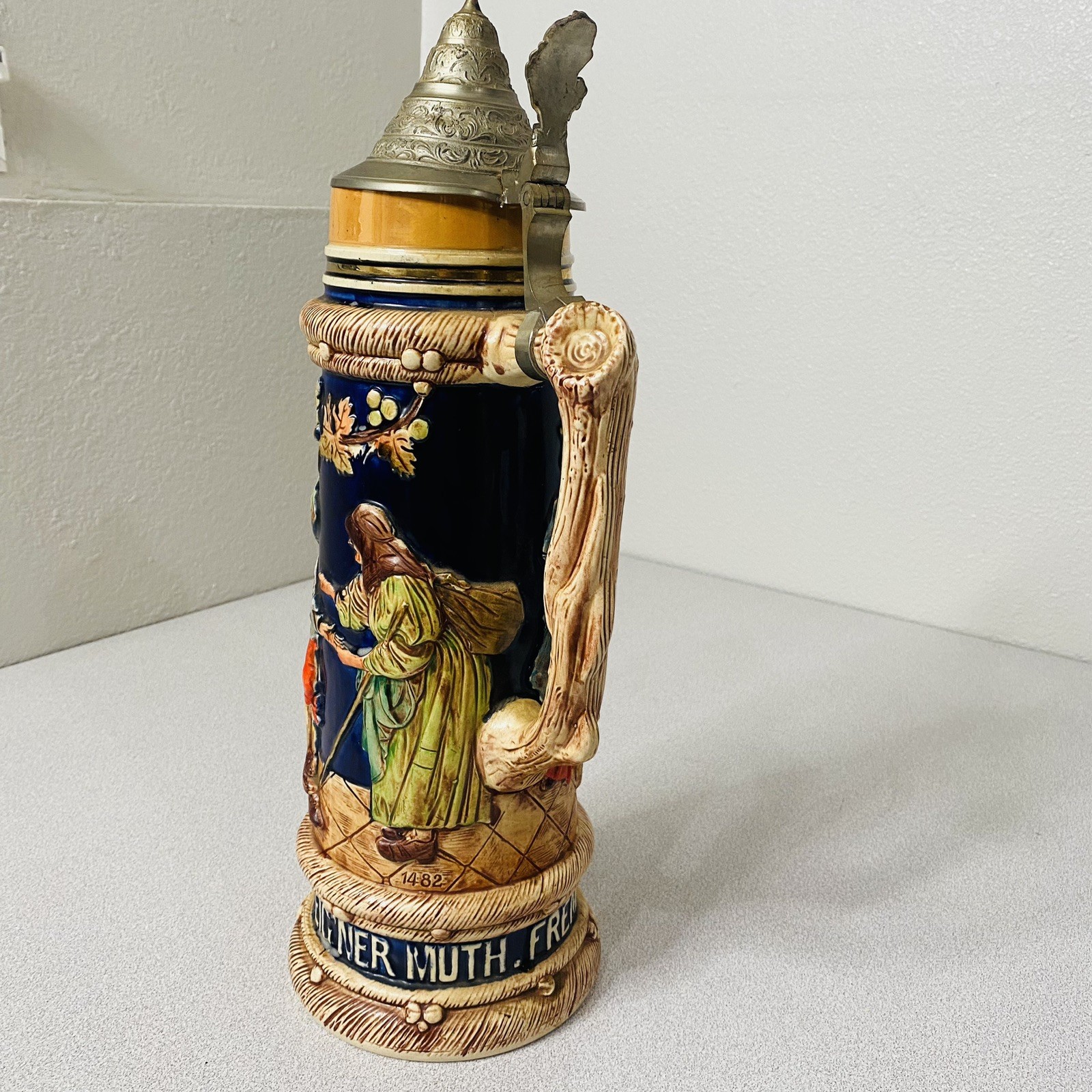 Vtg XL 3 Liter German Beer Stein Pewter Lid Western Germany 1482 Courage