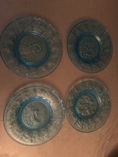 Vintage Tiara Indiana Blue Glass Set of 4 Plates Mother Goose Nursery Rhymes
