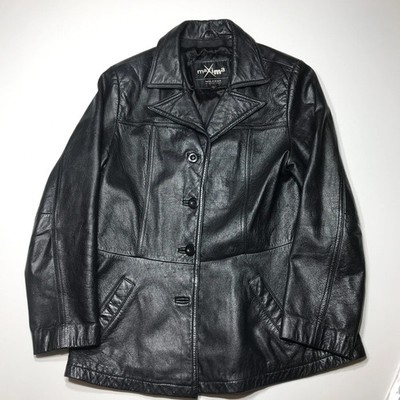 Maxima Wilsons Jacket Womens Size Large Black 100% Genuine Leather Button Front