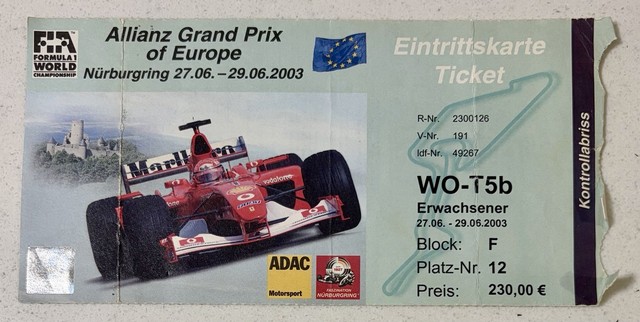 Kimi Räikkönen Maiden F1 Pole Position 2003 European F1 Grand Prix Pass Ticket