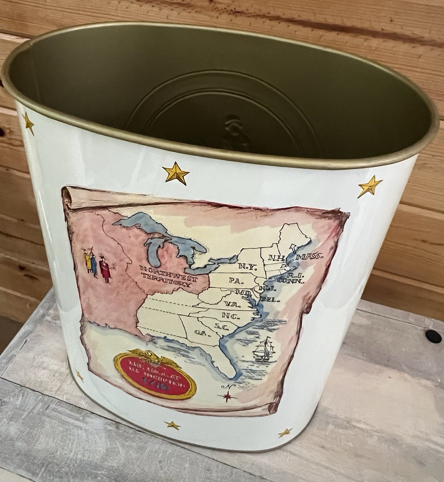 1970s Embossed JL Clark Trash Can Metal American Flag Patriotic Independence Day