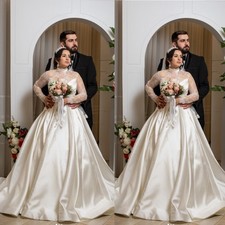 Wedding Dresses Satin High Neck Long Sleeve Illusion Lace Appliques Bridal Gown