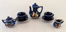 Vintage Miniature Tea Set Limoges-Style Porcelain Cobalt Blue & Gold 9 Pieces