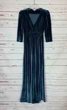 Baltic Born Women's S Small Blue Velvet V Neck 3/4 Sleeves Sofia Long Maxi Dress