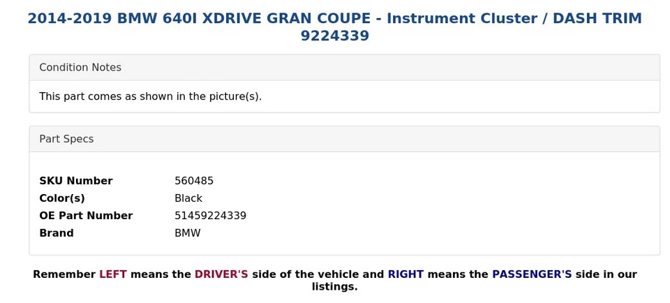 BMW 640I XDRIVE GRAN CUPÉ 2014-2019 - Cuadro de instrumentos/ajuste de tablero 9224339 Foto 4 de 4