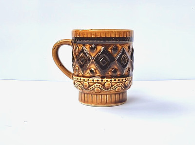 STYLECRAFT COFFEE CUP MADE IN JAPAN TEXTURED ORANGE BROWN GREEN BAND MCM 1 VTG