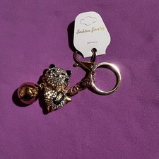 Cat Rhinestone Blingy Bag Charm Keychain Purse Charm Gold Tone New