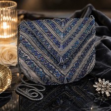Vintage La Regale Beaded Evening Bag AB Aurora Borealis Art Deco Gray Blue Purse
