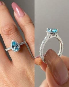 Authentic Halo Wedding Ring 14K White Gold Plated 2.28Ct Pear Cut Lab-Created Blue Topaz