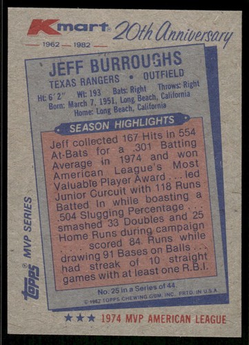 1982 Topps Kmart MVP Series - #25 Jeff Burroughs - Picture 2 of 2