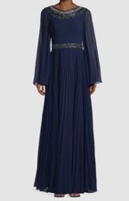 $795 Basix Womens Blue Beaded Bell-Sleeve Pleated Gown Dress Size 2