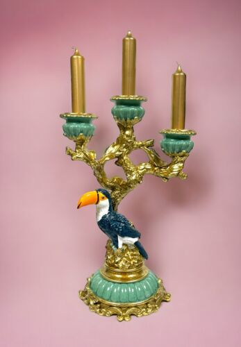 Playful Candle Stand Candle Chandelier Tukan Parrot Bird Branch Turquoise Gold - Picture 1 of 12