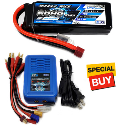 NHX Muscle Pack 3S 11.1V 6000mAh 75C Lipo Battery w/ Deans Plug / EZ6 Charger