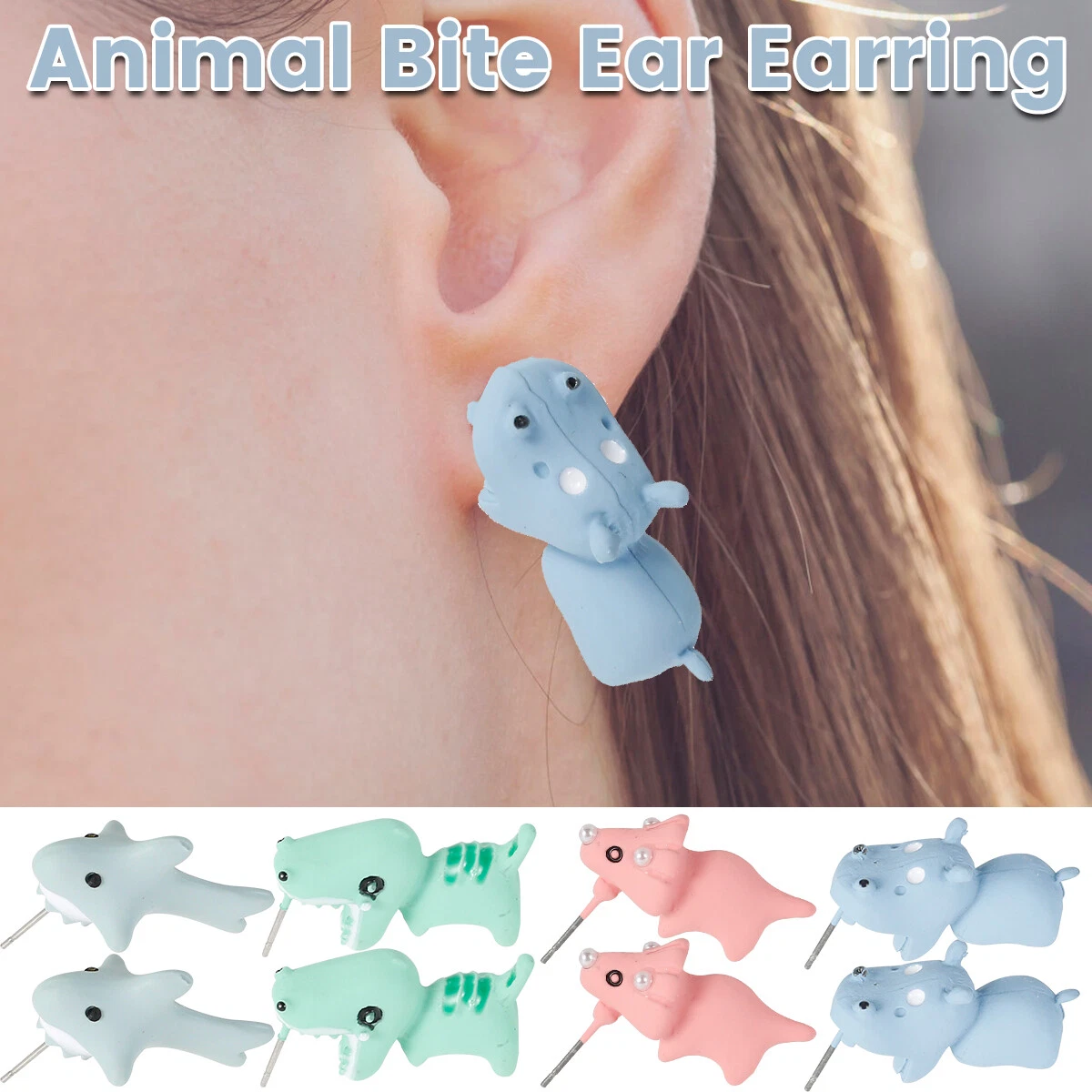 1 Pair Animal Bite Ear Earrings Dinosaur Shark Hippo Studs Earrings oksrq