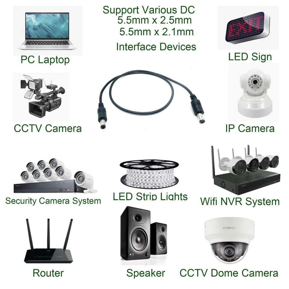 2pcs DC Power 5.5mm x 2.5mm Male to 2.1mm Male Camera Cable 18AWG LED Strip CCTV - Image 3 of 4