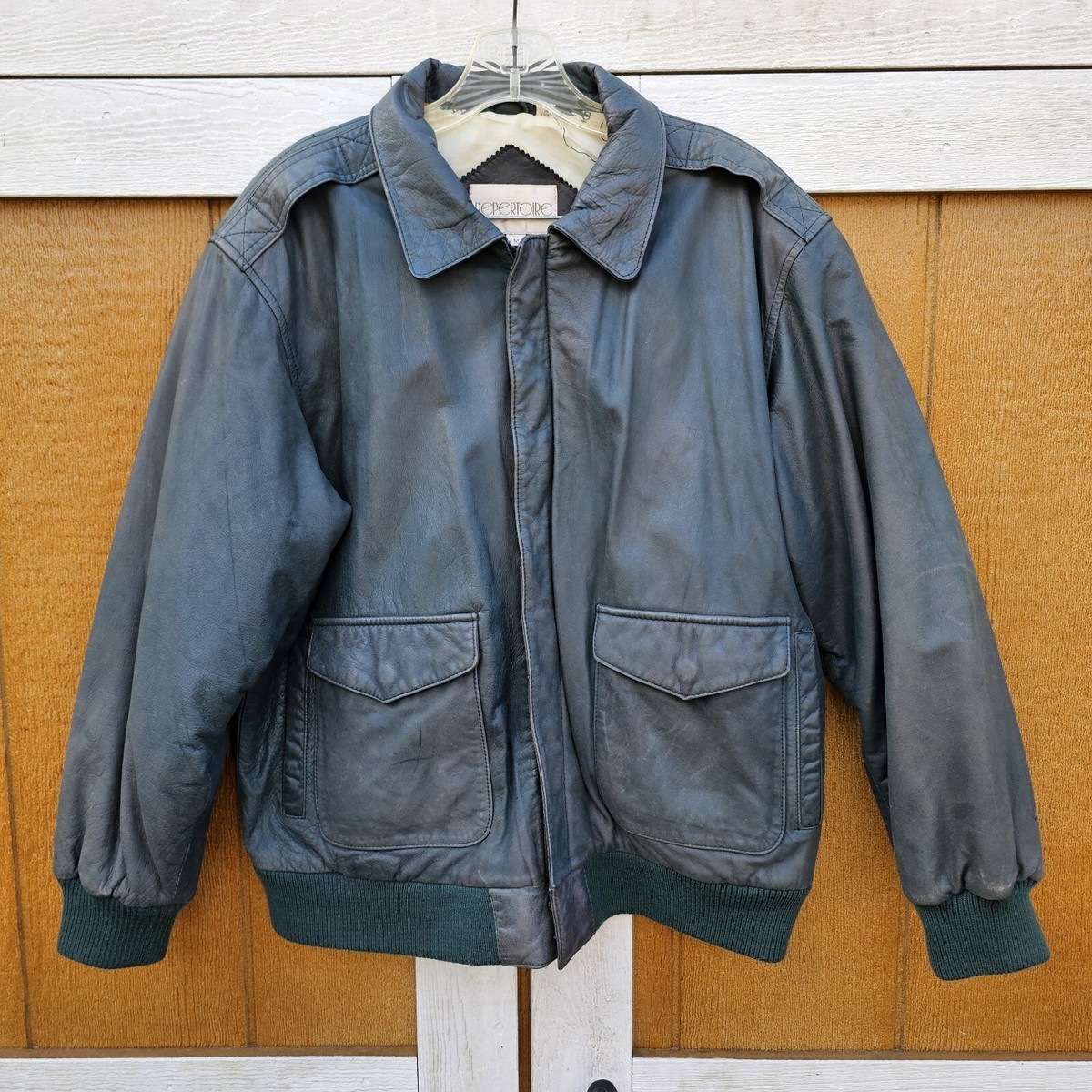 Vintage Repertoire Leather Jacket Mens Green Bomber US Map Lining