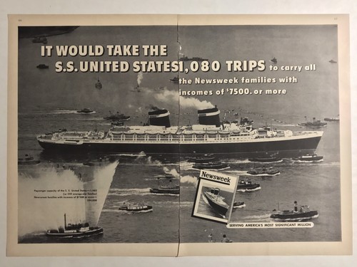 1955 S.S. UNITED STATES Newsweek-Photo Promo 2-Page Print Ad 16x11.5” NYM66-67