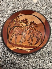 Wooden Hugging Giraffe Bowl Hand Carved and Painted Zimbabwea Safari African Art