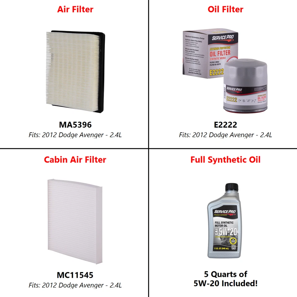 2012 Dodge Avenger 2.4L Complete Oil, Air & Cabin Filter Kit (5W-20) - Imagem 2 de 4
