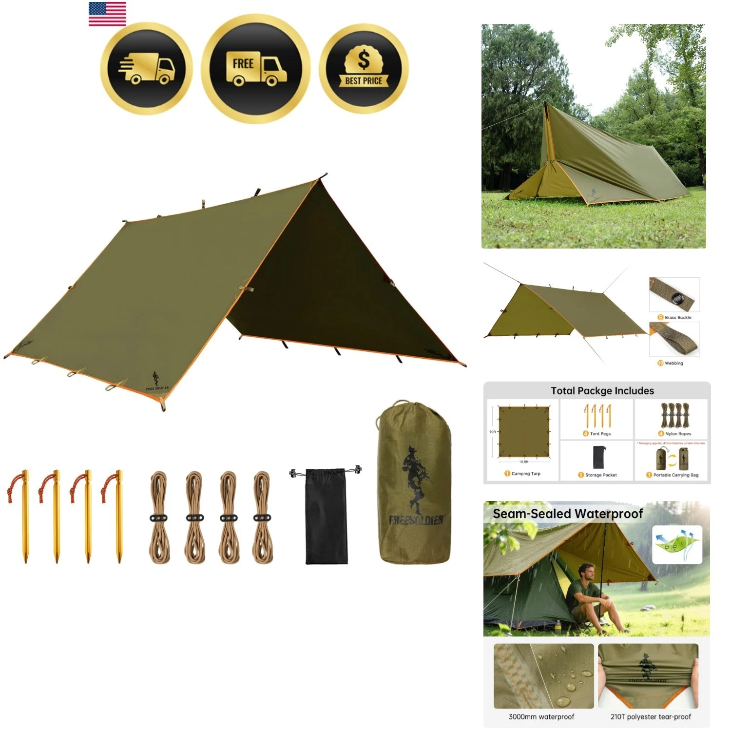 Waterproof Camping Tarp Canvas Shelter Rain Cover for Hiking Backpacking