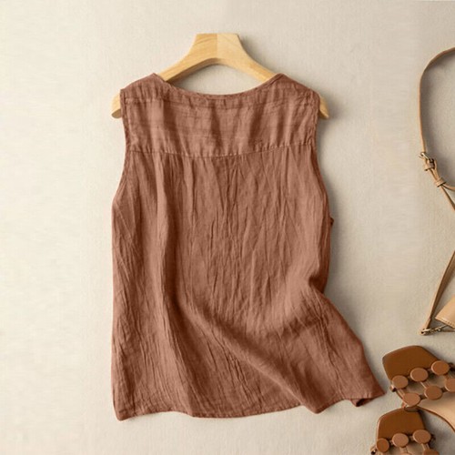 Summer Tank Vest Shirt Cotton Linen Sleeveless O-Neck Tops Blouse Tee Ladies - Photo 14/18