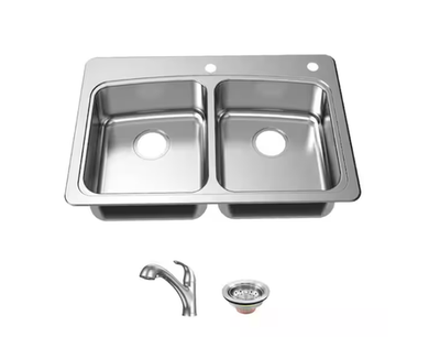 #ad 33 x 22 in. Drop In 50 50 Double Bowl 20 Gauge Stainless Steel Sink with Faucet $120.00