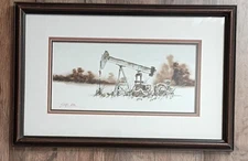 Original Larry Greer Watercolor Painting Pump Jack  "Sittin Idle" Framed 1983