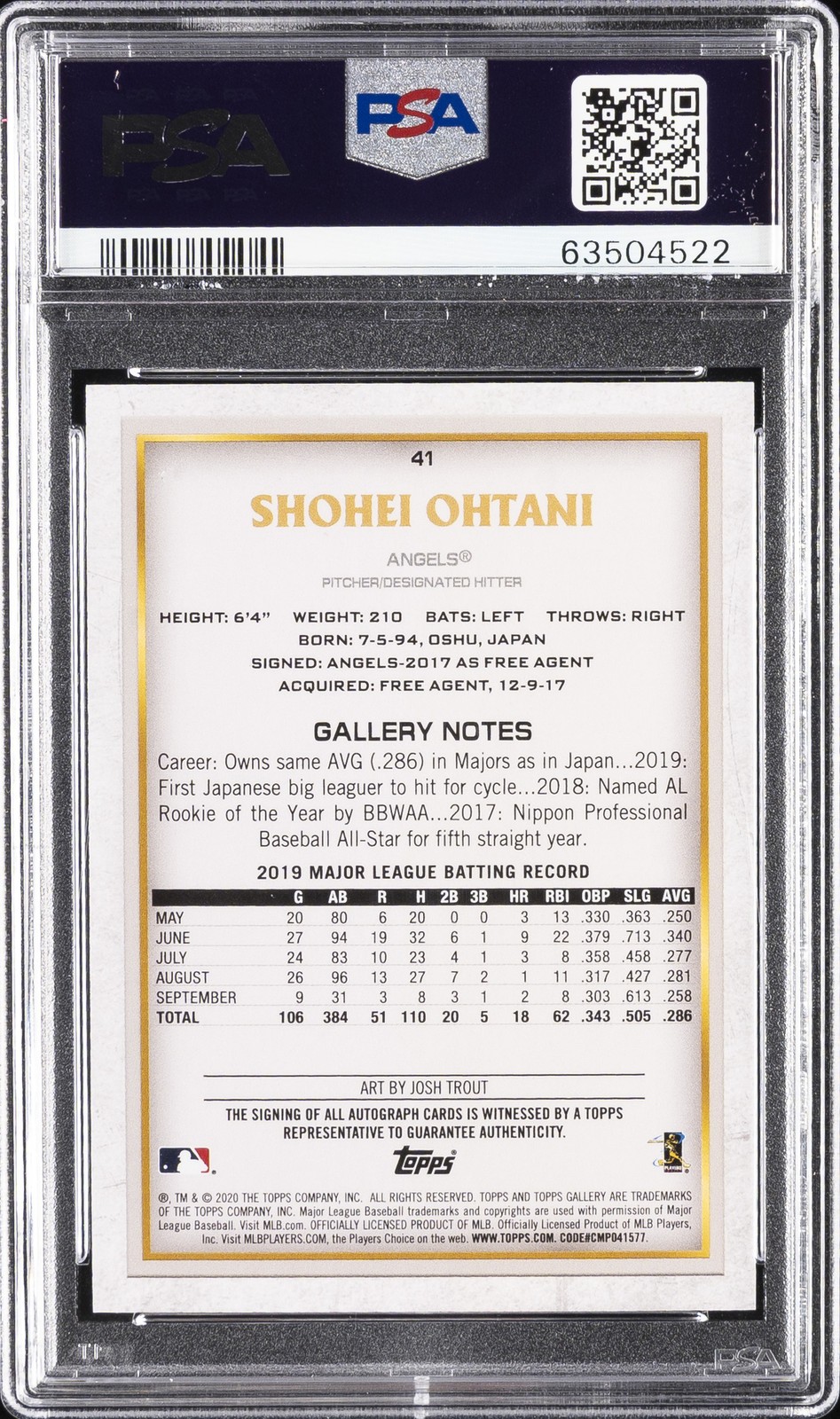 2020 TOPPS GALLERY AUTO #41 SHOHEI OHTANI PSA 10 view 2