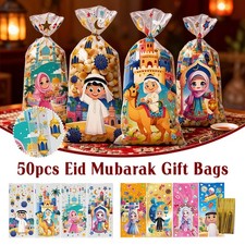 50Pcs Eid Mubarak Gift Bags Plastic Candy Cookie Bag Ramadan Decor Supplies.