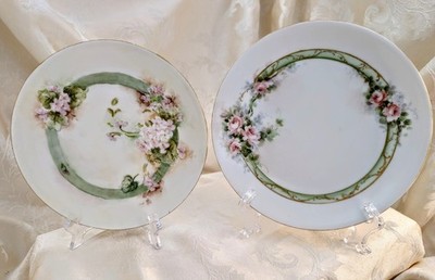 2 Antique Thomas Sevres Bavaria Plates Hand Painted Pink Rose Green Dessert Gold