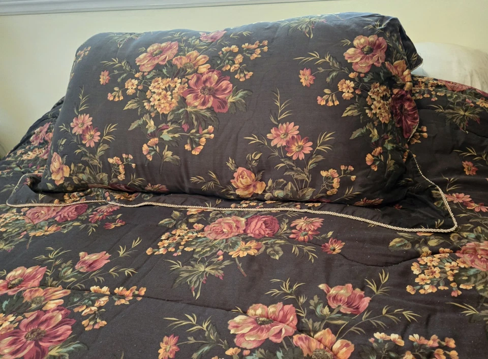 RARE Vintage Laura Ashley Chocolate Floral King Coverlet, 2 Shams, Dust Ruffle - Image 3 of 4